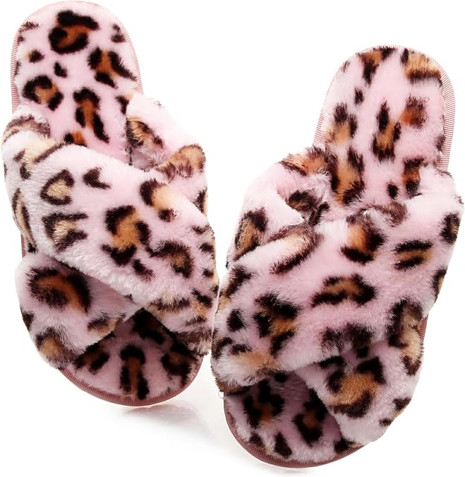 Crazy Lady Womens Fuzzy House Slippers Cross Band Memory Foam Sandals
