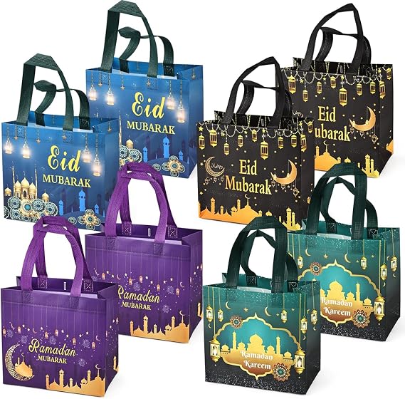 PARSUP 8PCS Eid Mubarak Reusable Gift Bags, Treat Bags with Handles, Ramadan Mubarak Party Bags, Multifunctional Non-Woven Eid Bags for Gifts Wrapping, Ramadan Kareem Party Supplies, 9.2"8.7"4.3"