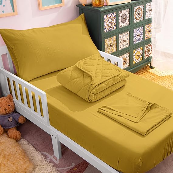 Toddler Bedding Set, 4 Piece Soft and Breathable Crib Bedding Set for Boys and Girls, Bed in A Bag for Kids, Includes Comforter, Fitted Sheet, Flat Top Sheet and Envelope Pillowcase, Yellow