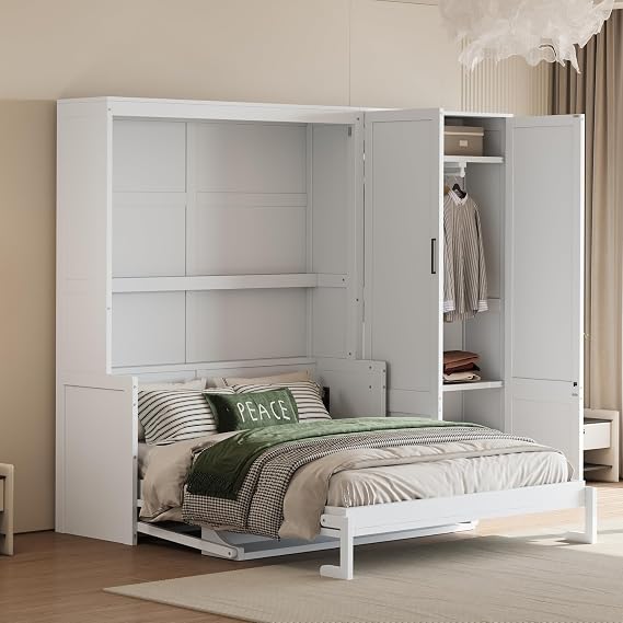 Modern Queen Size Murphy Bed with 4-Door Closet and Desk, Traditional Solid Wood Murphy Wall Cabinet Bed, Can be Folded, Space-Saving Design (White-4DC)