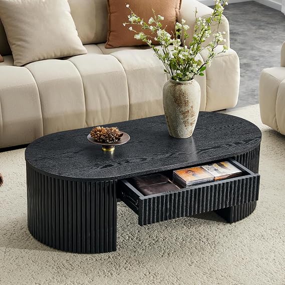LKTART 47.5" Oval Fluted Wood Coffee Table with Storage Drawer, Black