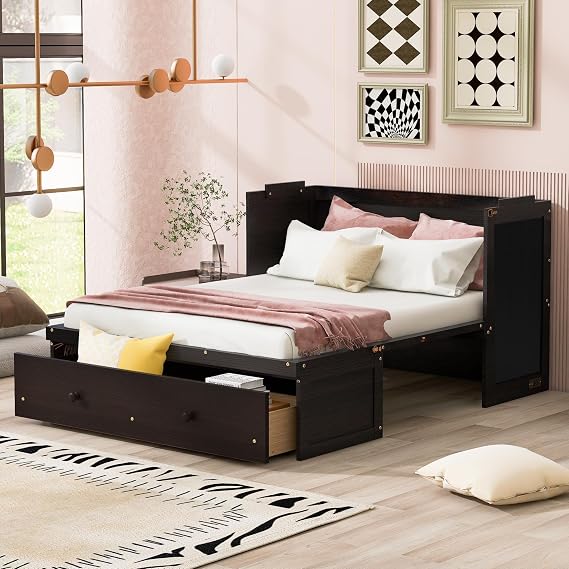 Retro Full Size Murphy Bed Cabinet with Charging Station and Large Storage Drawer, Versatile Solid Wood Foldable Platform Bed Murphy Bed Chest for Home Office Small Bedroom (Espresso-DX, Full)