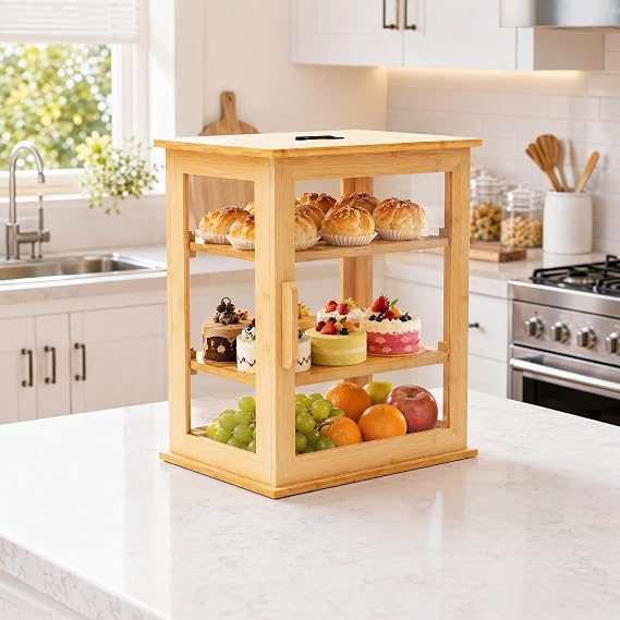 Bamboo Bread Bin Breadbox,3-Layer Bread Storage Containers,Bread Box-Collection Display Cabinet with Clear Window and Removable Layer for Kitchen,Self Assembly