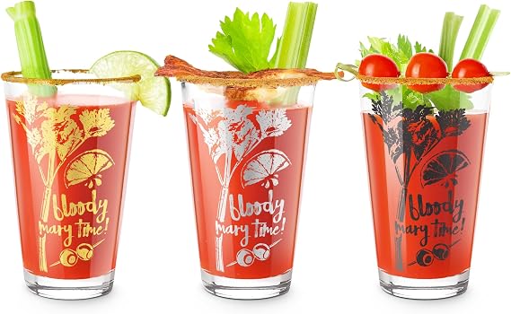Final Touch Bloody Mary Time Pint Glasses with Graphic, Three Colors, 15oz
