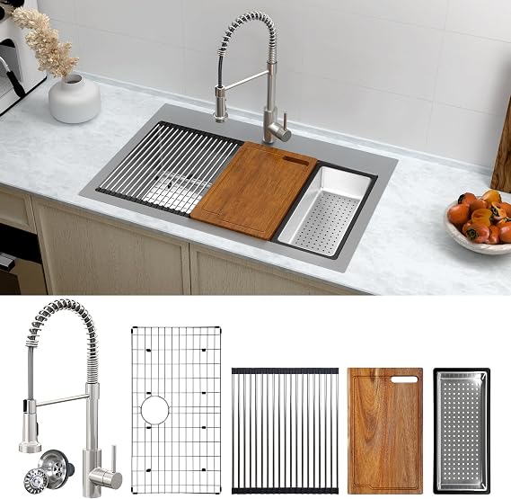 33 x 22 Workstation Kitchen Sink, Drop In Undermount 18 Gauge Stainless