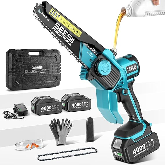 SEESII Flagship 8-Inch Cordless Mini Chainsaw, Upgraded Brushless Motor | Electric Chainsaw with 24000mAh Batteries, Tool-Free Chain Tension & Oiler, Handheld Saw for Fast Tree Branch Cutting