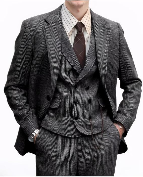 Retro 3 Pieces Men Suit Tweed Herringbone Wedding Prom Tuxedo Men