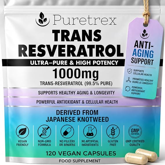 Puretrex Trans Resveratrol 1000mg, 120 Vegan Capsules, Healthy Aging