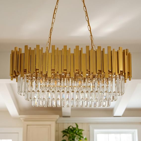 Gold Modern Chandeliers Oval Crystal Chandeliers Light Fixture K9 Crystal Fixture E14, Large Hanging Ceiling Light Fixtures for Dining Room Living