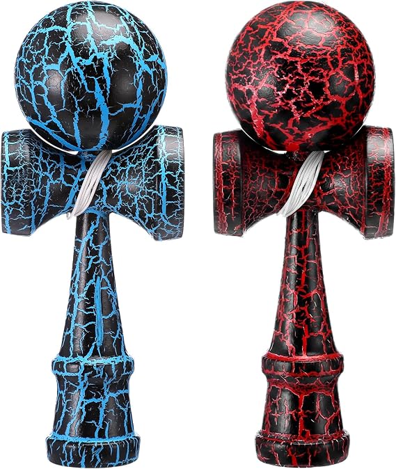 2 Pack Bamboo Kendama Toy with Crack Design, Red,Blue,Black