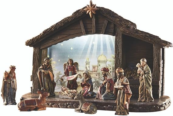 Avalon Gallery Nativity Sets for Christmas - LED Lighted Nativity Scene with Stable, 3-Inch Scale, 11-Piece