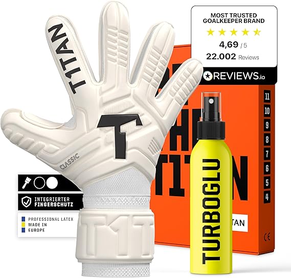 T1TAN Training Torwarthandschuhe Kinder Herren Classic White Out Fingerschutz Gr. 4-11 Torhüterhandschuhe Erwachsene Tormannhandschuhe Jugendliche Torwarthandschuhe Kinder 5-15+ Jahre