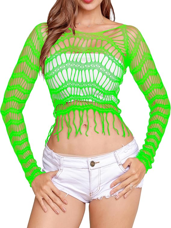 LemonGirl Women's Fishnet Crop Top Babydoll Chemise Lingerie with Tassels, Sizes US 2-16