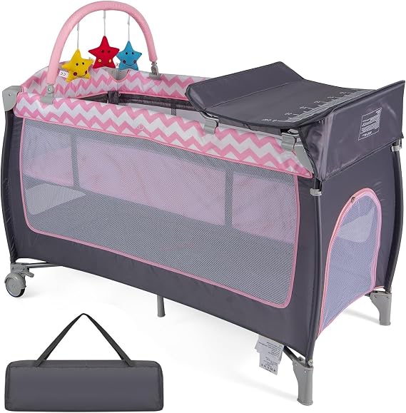 Baby Travel Cot, 4 in 1 Foldable Bedside Sleeper with Bassinet Diaper Changer Mattress Lockable Wheels 3 Hanging Toys Carry Bag, Crib Playard Pack and Play for Newborn Infant Toddler (Pink)