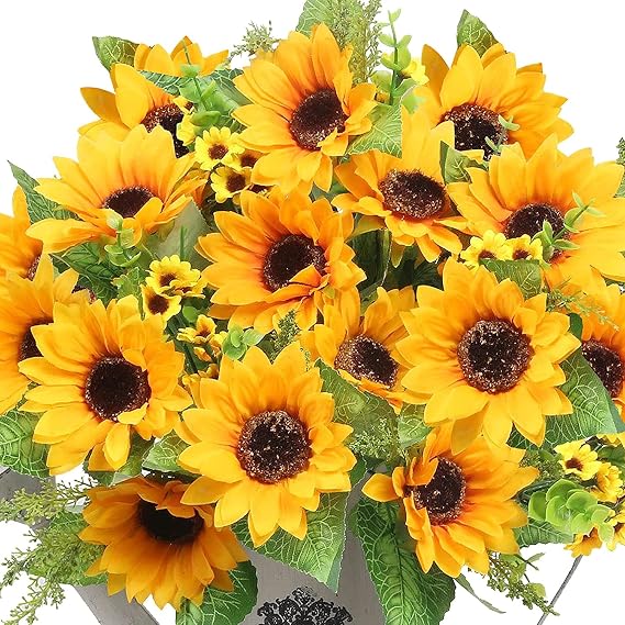 AmyHomie Artificial Sunflowers for Outdoors Fall Decor, 2 Bouquets | Garden, Patio, Wedding, Home, Centerpieces, Vase,UV Resistant, No Water,Bendable Stems, 17.7-Inch Length, 14 Large Blooms