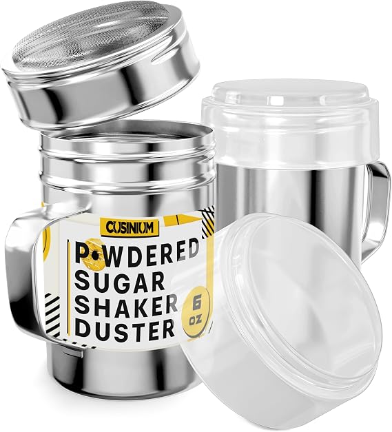CUSINIUM 6 Ounce Mini Powder Sugar Shaker With Handle - Fine Mesh - With Plastic Cap - Pack of 2