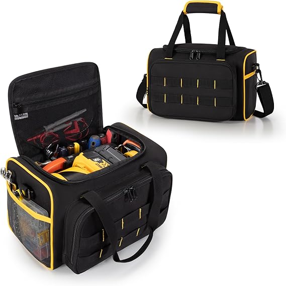 Marscamd 12-inch Tool Bag with Multiple Pockets, Heavy Duty Tool Tote | with Front Molle Straps & Detachable Shoulder Strap, Black
