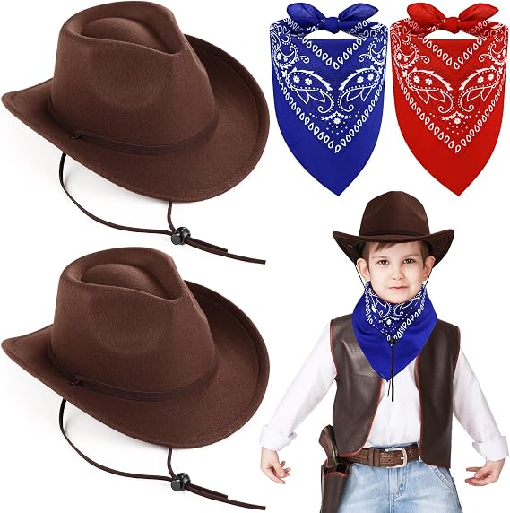 Xtinmee 2 Set Kids Cowboy Hat with Paisley Bandana | Age 3-10 Toddler, Felt Cowboy Hats, Adjustable Strap, Western Dress up for Boys Girls, Birthday Halloween Cosplay Costume