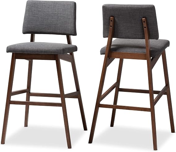 Baxton Studio Colton Mid-Century Modern Dark Gray Fabric Upholstered and Walnut-Finished Wood Bar Stool