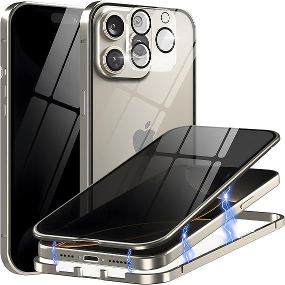 iPhone 16 Pro Max用磁気ケースプライバシースクリーンメタルチタンフレーム