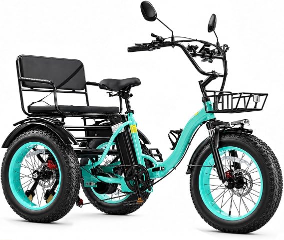 Two Seater Electric Tricycle for Adults 2 Seater Trike with Passenger Seat 1350W Peak Motor 90-Mile Range 48V15.6AH Battery Rear Differential & Hydraulic Brakes for Safe Family Rides