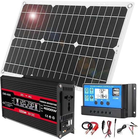 18W 12V Off-Grid Solar Panel Starter Kit with 4000W Inverter & 30A Charge Controller for RV, Camping, and Outdoor Adventures(Black)