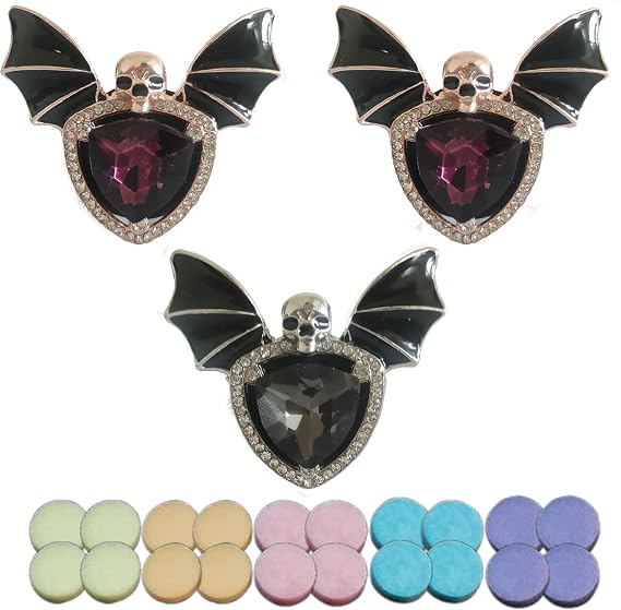 Aromatherapy Essential Oil Car Diffuser Vent Clip, Car Air Fresheners with Alloy Rhinestone Gem Bat Skull Head Decoration (2 Golden deep + 1 Silver Gray)