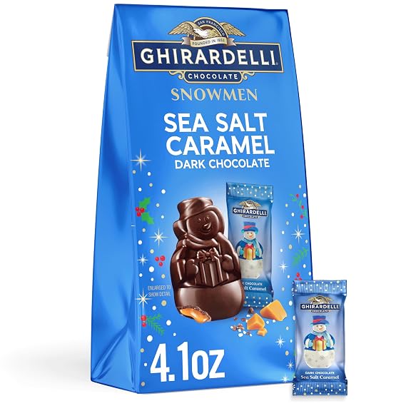 GHIRARDELLI Dark Chocolate Sea Salt Caramel Snowmen Limited Edition Holiday Dark Chocolate Candy with Caramel Filling and Sea Salt, 4.1 oz Bag