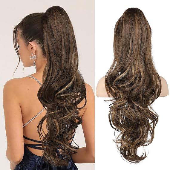 Flufymooz 26" Ponytail Extension, Long Wavy Curly Claw Clip in Ponytail Hair Extensions, Natural Synthetic Hairpiece for Women Daily Wear(Deep Brown with Dirty Blonde)