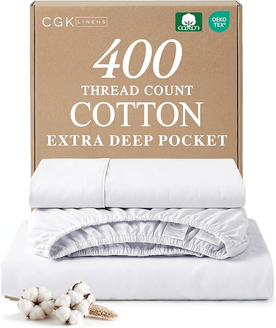 Extra Deep Twin Cotton Bed Sheet Set - 3 Piece Cotton Sheets - White
