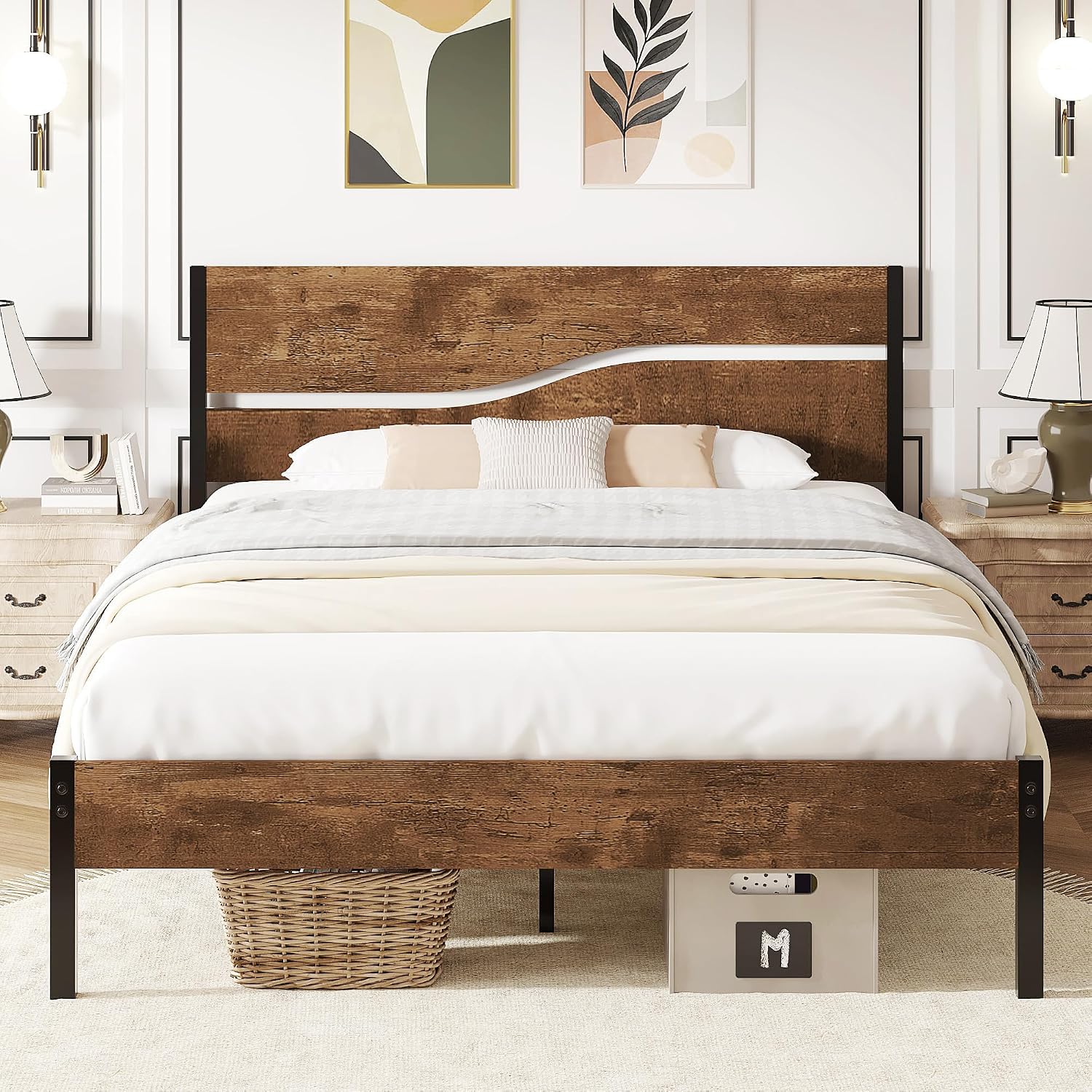 VECELO Double Bed Frame with Wood Headboard, 135×190 cm Metal Platform with Heavy Duty Steel Slat Support, Mattress Foundation, No Box Spring Needed, Under-bed Storage Space