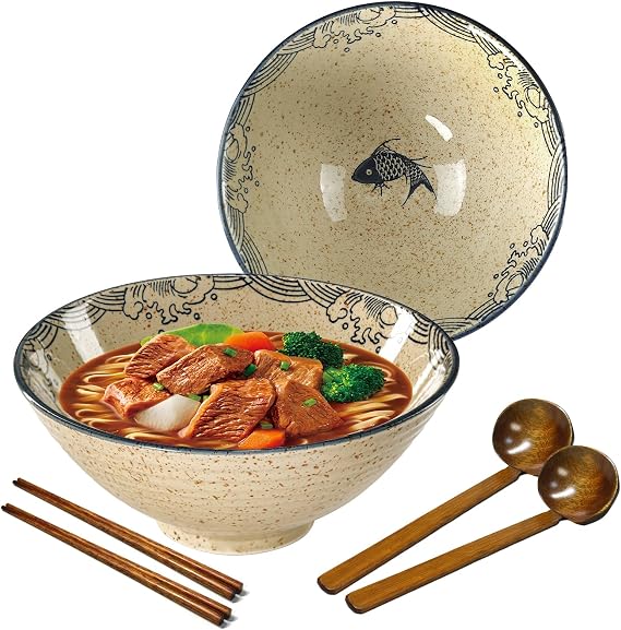 Ceramic Ramen Bowl Set, 2 Sets 1200ml Large Japanese Noodle Soup Bowls with Spoons and Chopsticks for Soup Udon Soba Pho Asian Noodles Pasta Salad
