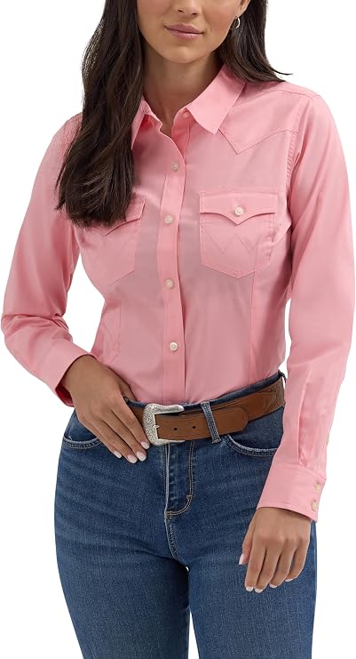 Wrangler Women's Retro Long Sleeve Cool Blue Solid Western Shirt