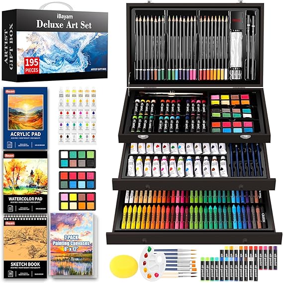 iBayam Art Set,195-Pack Arts and Crafts for Kids Ages 8-12, Deluxe Gift Box | Painting Kit Art Supplies for Adults Teens Kids, Art Kits with 24 Acrylic Paint, Sketchbook, Canvases, Crayons, Pencils
