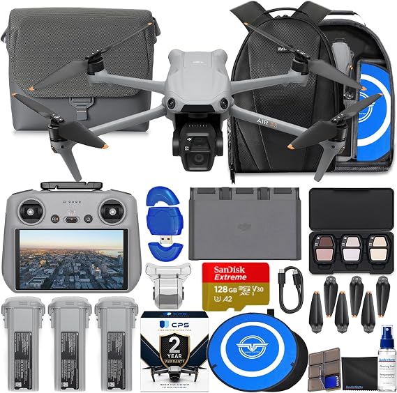 DJI Air 3S Drone with RC 2 Fly More Combo (with Screen) 4K HDR, 45-Min Max Flight Time Bundle with 128GB Memory, Landing Pad, Backpack, CPS , Lens Cleaning Kit and More