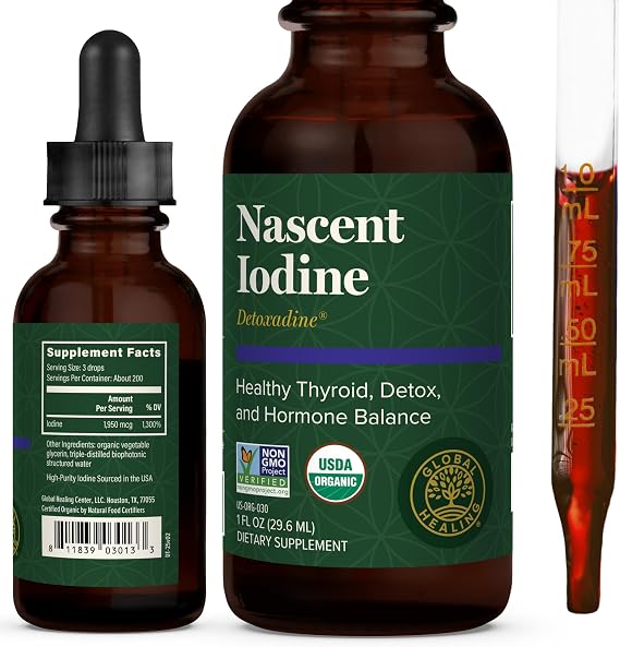 Global Healing Center - Detoxadine - Organic Nascent Liquid Iodine Supplement Drops for Thyroid Support, Detox Cleanse, and Metabolism - Non-GMO, Vegan, 200 Servings Iodine Drops (1 Oz)