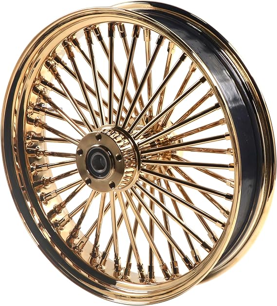 FatFlex Rear Wheel for Harley Dyna Softail Touring 18 Gold Fat Spokes | Compatible with 2000-2007 models, 3.5 rim with dual bearing construction and classic fat spoke styling for custom builds.
