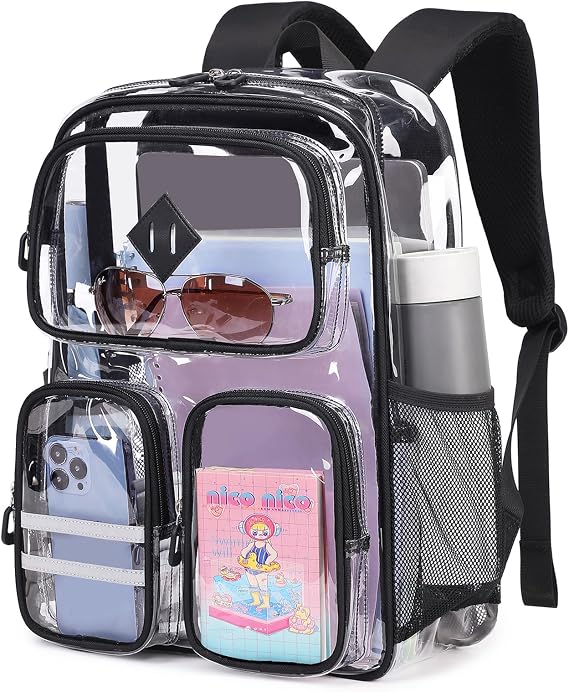 Clear Backpack Heavy Duty PVC Clear Bookbag for School Stadium Events Transparent Back Pack Girls Boys, Black