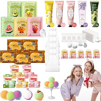 35 Pcs Spa Party Supplies for 5 Spa Gifts for Women, Girls & Kids | Spa Set with Eye & Face Masks, Lip Balm, Hand Cream, Bath Bombs, Towels & Gift Bags | Spa Kit for Birthdays, Sleepovers, Spa Days