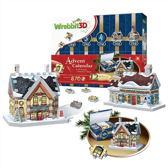 Wrebbit3D Advent Calendar 3D Puzzle | Discover and Build Charming Houses for an Everlasting Holiday Display | 12 Individually Packed Puzzles (870 Total Pieces) | Reusable Tabletop Christmas Village