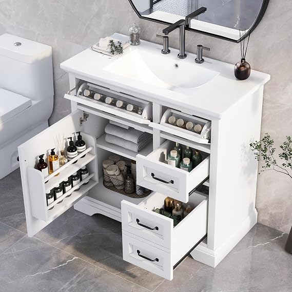 Mirightone 36" Vanity with Sink, Bathroom Vanities 36 inch with Sink, Single Sink Bathroom Vanity, 36 Restroom Vanity with Top, Includeing 2 Tip-Out Drawers and Soft Close Door Hinges (White)