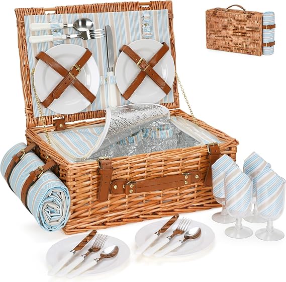 HappyPicnic Wicker Picnic Basket Set for 4 Persons with Cooler & Blanket