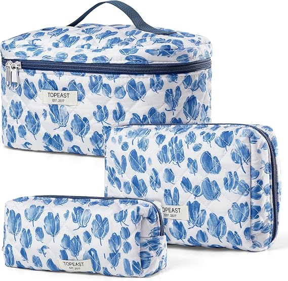TOPEAST Makeup Bag, Large Quilted Cosmetic Bag, Big Floral Make Up Bag for Women Girls, Cute Cotton Makeup Bag Set, Flower Travel Toiletry Organizer Bag, Zipper Portable Cosmetic Pouch