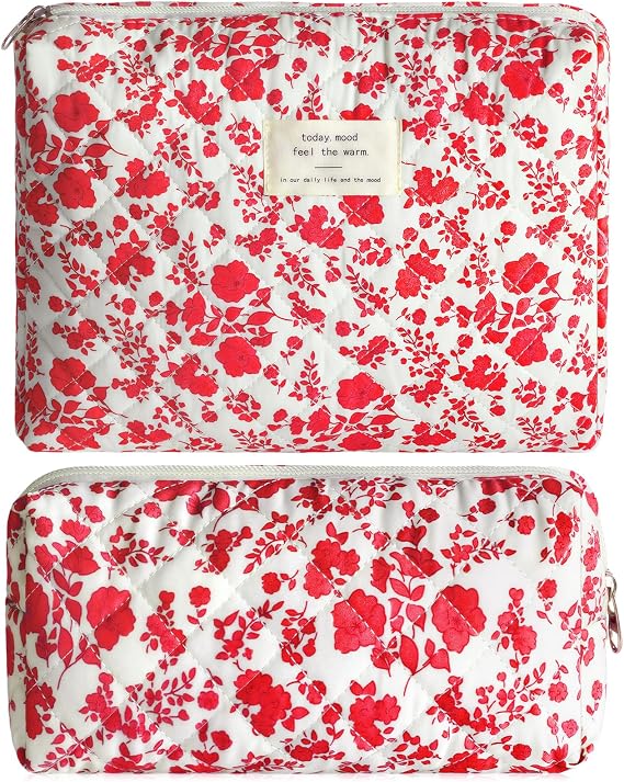 2Pcs Quilted Makeup Bag Set Flower Cute Pencil Case Large Small Travel Makeup Pouch Set for Women Coquette Makeup Bag Aesthetic Cotton Cosmetic Bag Hot Pink Toiletry Organizer Storage Bag Zipper Pouch