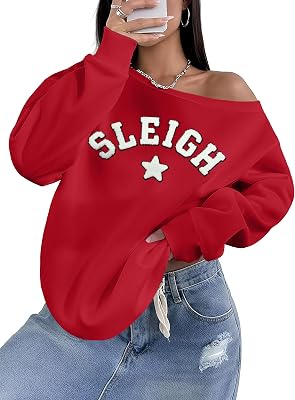 MYHALF Off Shoulder Christmas Shirts Womens Merry Christmas Sweatshirt Ugly Xmas Holiday Sweaters Casual Y2k Tops Lightweight