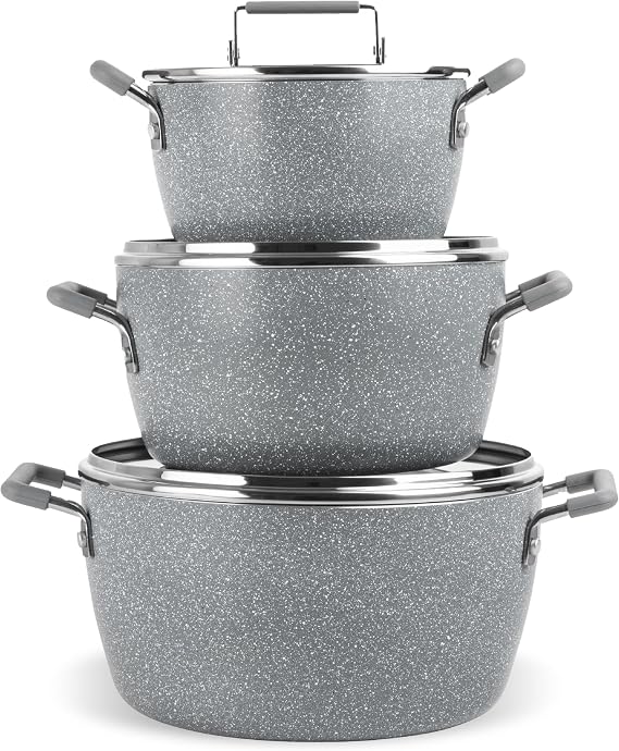 Granitestone Grey Pots and Pans Set, Non-Stick, Stackable Cooking Pans Set of 6 Kitchen Pot with Non-Stick Coating 5 Quart, 3 Quart & 1.5 Quart Covered Pans Stay Cool with Handle, Dishwasher Safe 100% Toxin Free