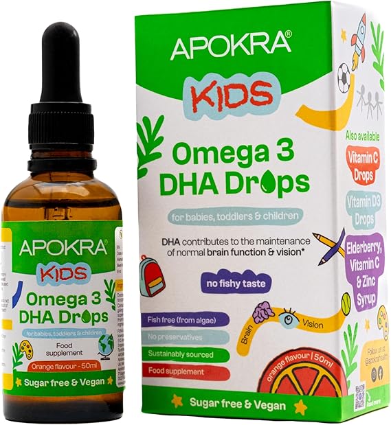 Vegan Omega 3 from DHA for Kids - 50mL - Fish Flavor Free - No Preservatives & Sugar Free - Sustainable Algae Alternative to Fish Oil | APOKRA Kids