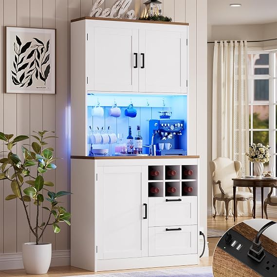 Unikito 72" Tall Kitchen Pantry Cabinet with LED Light & Outlet, White