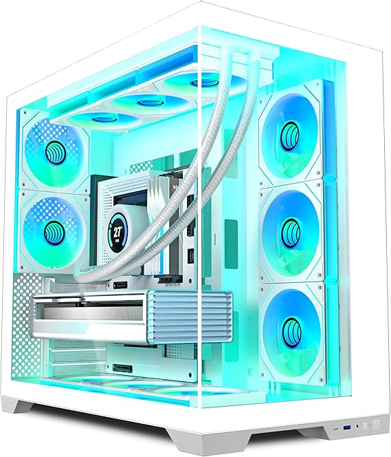 Ansaite ATX PC Case 8 x 120 mm ARGB PWM Fan Pre-Installed Mid-Tower Gaming PC Case Panoramic Tempered Glass Black Computer Case with Type-C 360 mm Radiator Support H-D9 (White)