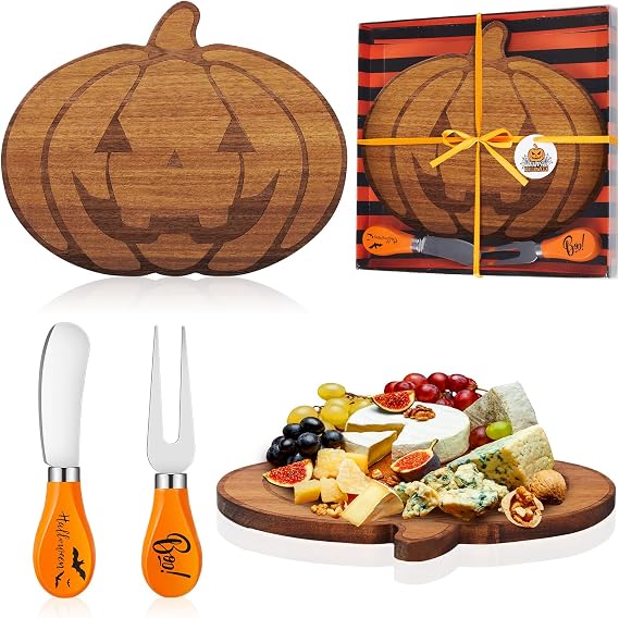 Ziliny Halloween Cheese Board Mini Pumpkin Charcuterie Board Decoration Party Favor with Knife Set Small Cutting Serving Tray and Platter for Halloween Party Gift